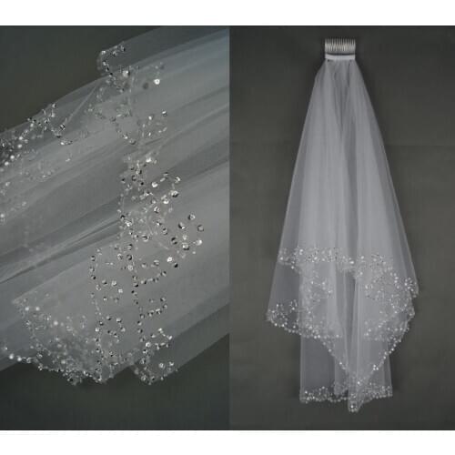 Wedding Veils Wedding Bridal Veil 2 Layer Handmade Beaded Crescent Edge Bridal Accessories Veil White And Ivory Color