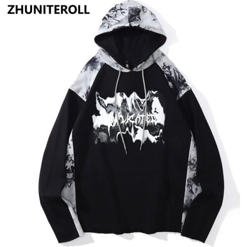 Harajuku Patchwork Sweatshirts Men Letter Print Streetwear Hoodies Hip Hop Fashion Loose Casual Hooded Pullover Tops Outwear