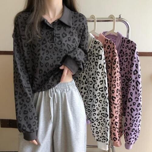 Leopard Sweatshirt Women Vintage T-shirt Turn Down Collar Long Sleeve Korean Crop Tops Loose Casual Fashion New Female Clothes