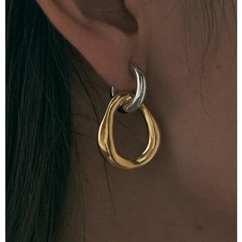 Vintage Round Earrings For Women Fashion 925 Silver Needle Gold Silver Contrast Color Removable Earrings Jewelry Accessories