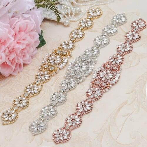 YANSTAR 5PCS Bridal Sash Hand Beaded Sewing Crystal Rhinestone Applique Iron On For Wedding Dresses Belt YS967