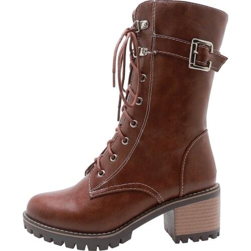 Winter for Woman New Fashion Sexy Consice Shoes Chunky Heels Brown Green Buckle Cross Tied Clear Heels Boots Matin Boots 34-45