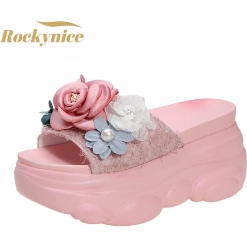 High Platform Womens Summer Casual Shoes Crystal Flowers 8.5cm Wedge Slides Sweet Girl Chunky Sandals Open Toed Beach Slippers