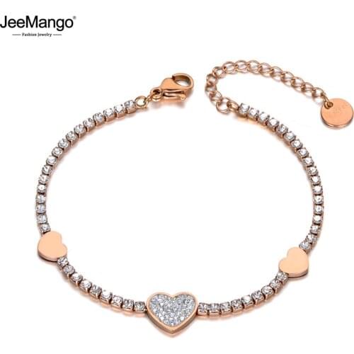 JeeMango Romantic Rhinestone Heart Charm Bracelet For Women Stainless Steel CZ Crystal Link Chain Bracelet For Christmas JB19134