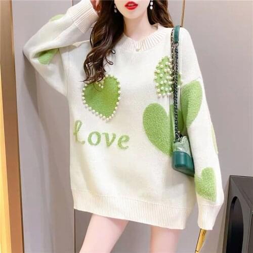 Women Knitted Sweaters 2020 Pullover Knitwear Sweet Heart Pearl Beading Knit Jumpers Cute Loose Elegant Sweater Tops