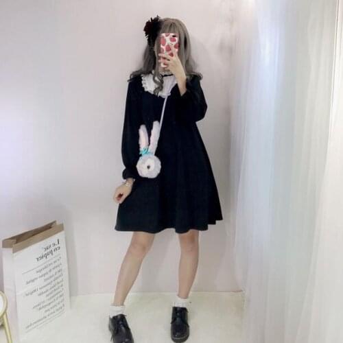 Japanese Harajuku Women Gothic Black Lolita Dress Cute Bow Lace Nun Cosplay Costume Kawaii Anime Party Mini Slim Dress DC663