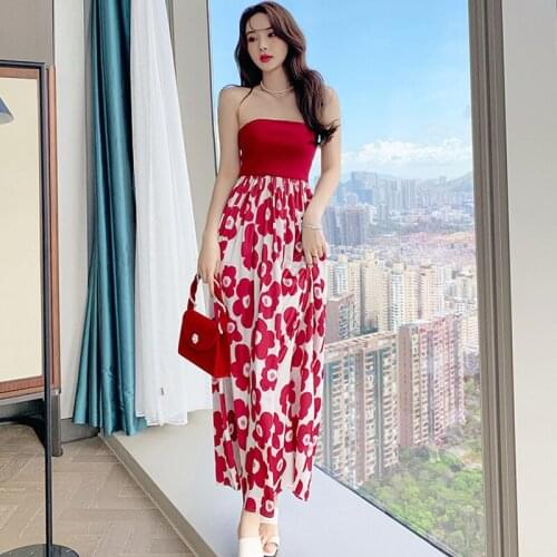 Fashion Summer Korean Sexy Strapless Maxi Party Dress Ladies Elegant Robe Casual Vintage Coffee Break Sleeveless Beach Dress