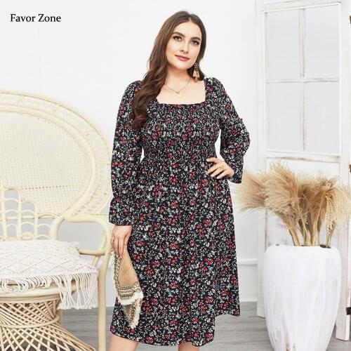 Autumn Winter Casual Loose Plus Size Dress Women Square Collar Long Sleeve Floral Print Elegant Midi Dresses Chiffon Vestidos