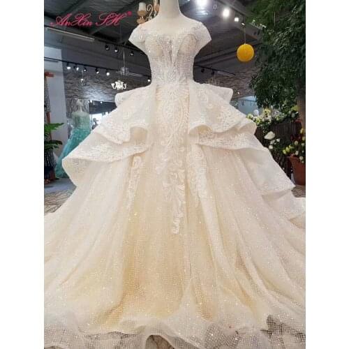 AnXin SH Luxury princess flower white lace beading crystal pearls o neck sparkly ruffles lace up wedding dress 100% real photo