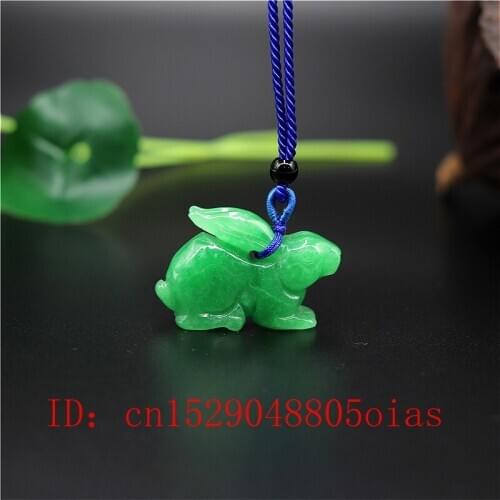 3D Carved Natural Green Chinese Jade Rabbit Pendant Necklace Fashion Charm Jadeite Jewelry Emerald Amulet Gifts for Women Men