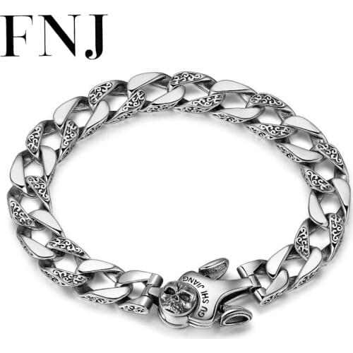FNJ Punk Big Skull Bracelet 925 Silver Vintage Original Pure S925 Silver Bracelets for Men Fine Jewelry width 10mm 18cm 20cm