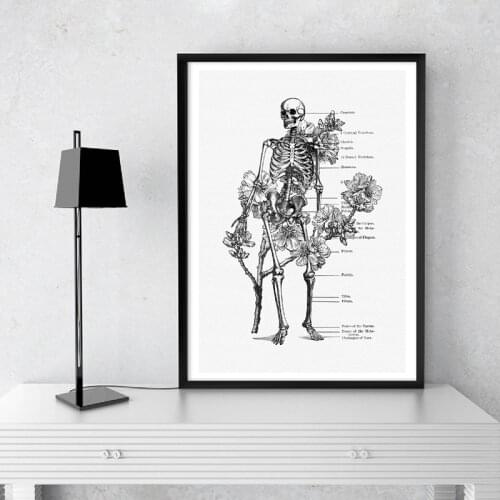 Human Anatomy Skeleton Medical Poster Black White Canvas Prints Botanical Flower Vintage Wall Art Painting Picture Clinic Decor