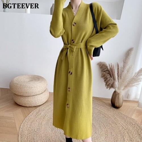 BGTEEVER Elegant V-neck Single-breasted Female Knitted Long Dress Full Sleeve Lace-up Women Sweater Solid Dress 2021 Autumn