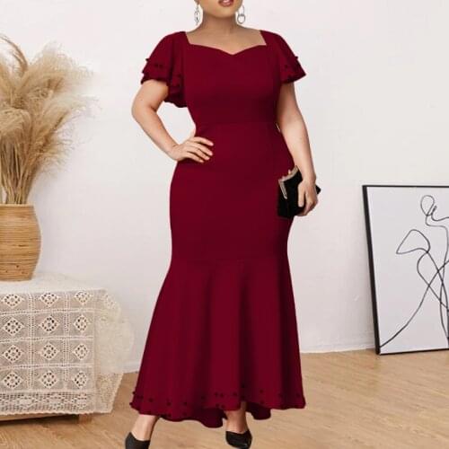 Elegant Vintage Women Dress Curve Slim Fit Beads Ruffle Dresses Summer Plus Size 5XL Birthday Outfits Mermaid Prom Party Evening
