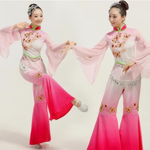 Chinese Classical Dance Costumes Yangko Dance Pink Gradient Flower Embroidery Stage Performance Clothes