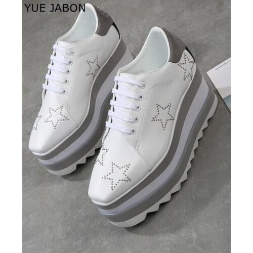YUE JABON Height Increasing Star Rivet Shoes Classic Platform Rose Gold Shoes Mix Color Square Toe Wedge Shoes Lace Up Lady Shoe