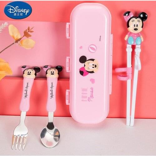 Disney Mickey Mouse Minnie Child Chopsticks Storage Fork Baby Cutlery Set Anti-fall Soup Spoon