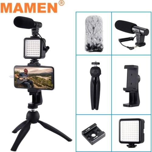 MAMEN Smartphone Vlogging Kits With Microphone Fill Light Tripod For Android/iOS Phones Professional Photography Studio Kits