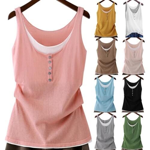 Women Vest Round Neck Sleeveless Loose Bottoming Shirt Tank Top Fake Two-Piece Vest Solid Pullovers Ladies Casual Tank Top
