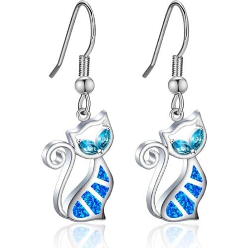 Cute Female Blue Crystal Drop Earrings Classic Silver Color Dangle Earrings Dainty Cat Opal Wedding Earrings For Women