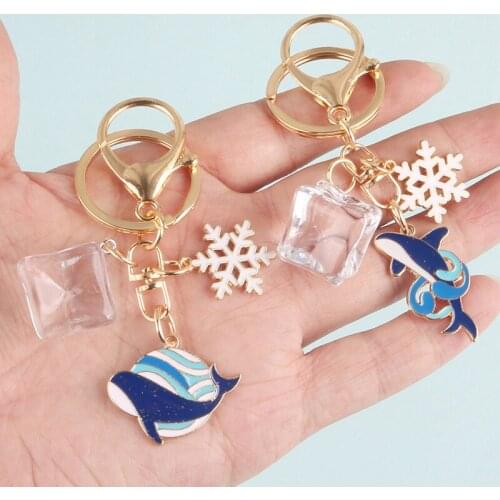 Cartoon Dolphin Blue Whale Keychain Couple Jewelry Car Accessories Ocean Ice Cube Snowflake Keyring Women Purse Ornament