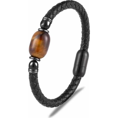 2021 new natural stone round stone mens Bracelet Black double leather leather rope magnetic buckle 19 / 21 / 23cm jewelry