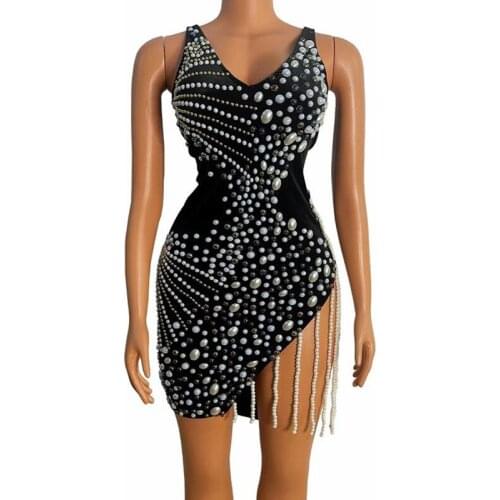 Women New Sexy Nightclub Pearls Fringe Irregular Dress Birthday Celebrate Prom Backless Outfit Women Dancer Evening Singer Dress