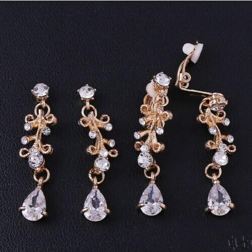 New Silver Color Rhinestone Crystal Gold Long Clip Earrings for Women Bridal Dangling Earrings Brincos Wedding Party Jewelry