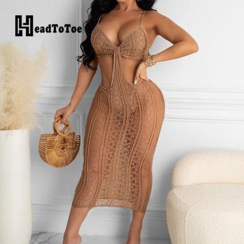 Solid Lace Hallow Out Sexy Fashion Backless Dresses for Women Spaghetti Strap Round Neck Mid-calf Perspective A-line Dress Women