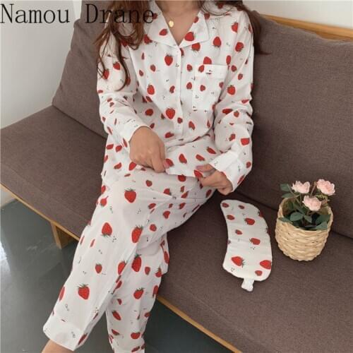 Autumn Pants Suits Women Pajamas 2020 New Sweet Strawberry Print Home Pijama Mujer Two-piece Suit Loose Sleepwear