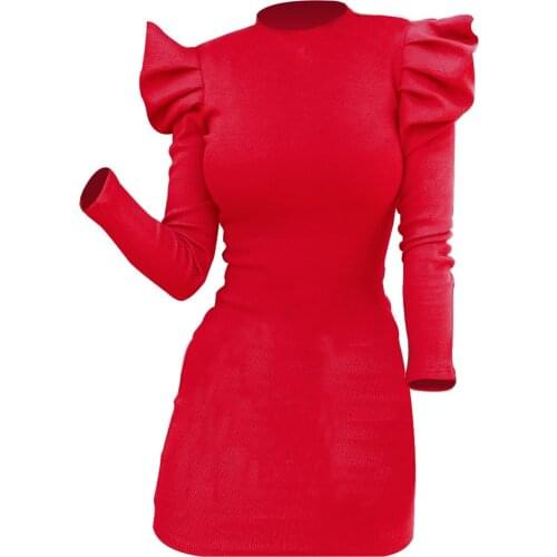Plus Size Women Sweater Dress Fashion Solid Color Autumn Winter Elegant Long Puff Sleeve O Neck Mini Bodycon Dresses Party