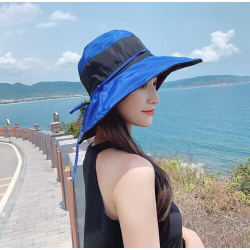 Summer Womens Super Big Brim Sun Hat Fashion Hat Printing Hat UV Protection Wind Rope Fixed Beach Hat Foldable