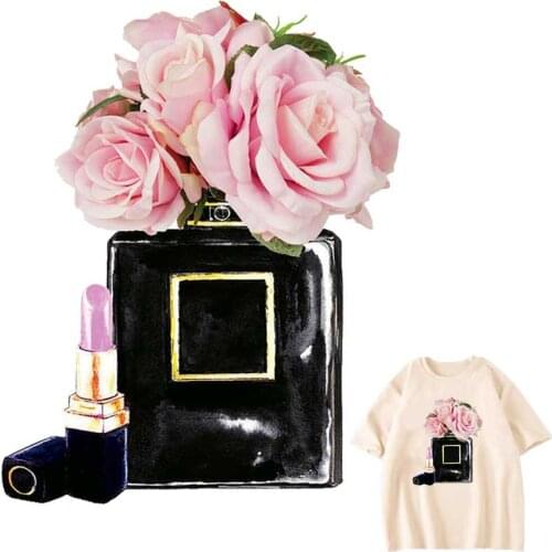 Iron-On Transfer For Clothing Pink Rose Patches Washable A-Level Woman T-Shirts Heat Transfers Stickers Fashion Perfume Applique