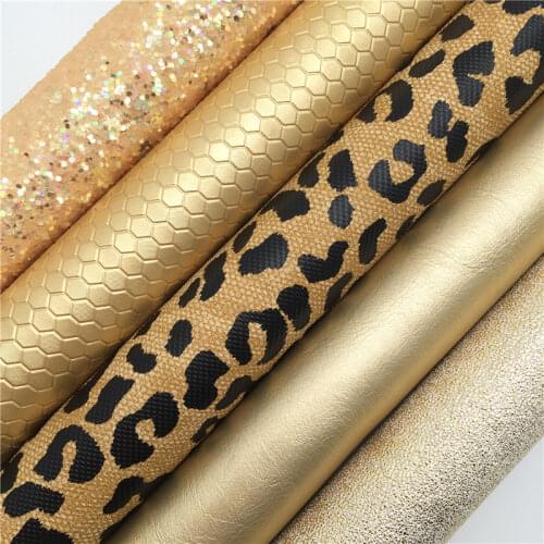 GOLD Glitter Fabirc, Leopard Faux Leather Fabric, Synthetic Leather Fabric Sheets For Bow A4 8"x11"Twinkling Ming XM461