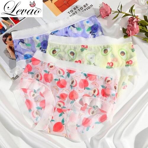 LEVAO Fruit Print Cute Pure Mesh Womens Underwear Sexy Lace Translucent Comfort Female Panties Temptation Seamless Briefs