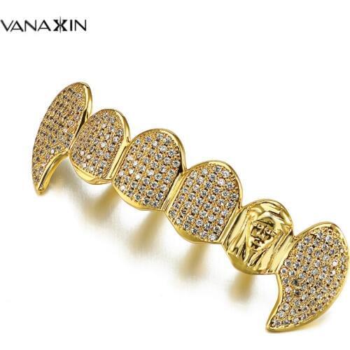 VANAXIN Hip Hop Gold Color Teeth Grillz Dental Mouth Punk Teeth Caps Cosplay Party AAA CZ Crystal Jewelry Gift Vampire Grills