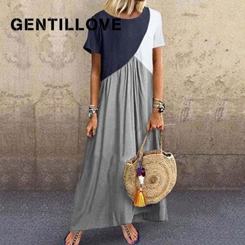 Jocoo Jolee Vintage Short Sleeve O Neck Patchwork Maxi Dress Casual Block Color Loose Long Dress Oversized Beach Party Dress