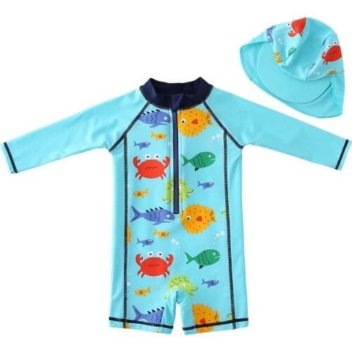 Wishere One-piece Bathers Swimsuit Baby Swimwear With Hat Printed Bathing Clothes for Toddler Boys Sun Protection Beachwear