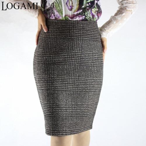 Womens Autumn Winter Knee Length Pencil Skirt Plaid Sexy OL High Waist Skirt Ladies Slim Hip Zipper Side Skirts Saia Plus Size