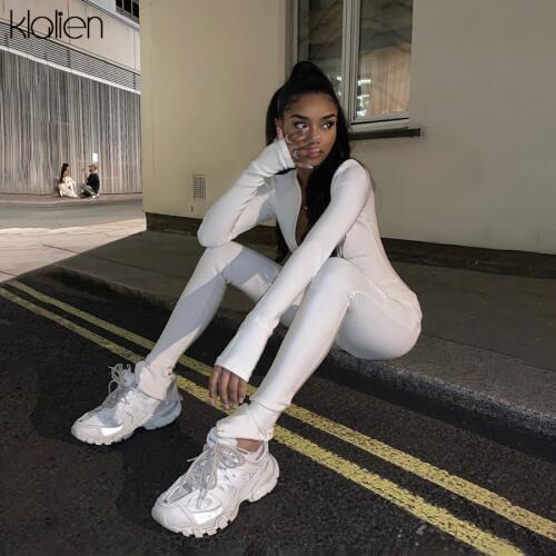 KLALIEN Black/White Sexy Bodycon Tracksuit Jumpsuit Women 2021 New Fitness Romper Long Sleeve Zipper Elastic Jumpsuit Body Mujer