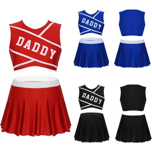 Women Adult Cheerleader School Girls Cosplay Uniform Sexy Costume Crop Top with Mini Pleated Skirt Set Halloween Fancy Clothing