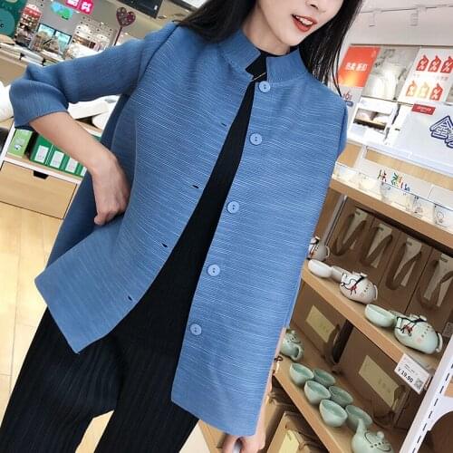 Miyake pleated trousers jacket Fall 2020 Clothing three quarter sleeve cardigan button plus size womens shirt black blouse