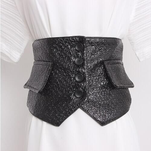 Womens runway fashion elastic patent PU leather Cummerbunds female Dress Corsets Waistband Belts decoration wide belt R108