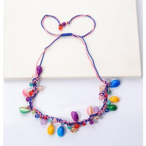 Minar Handmade Colorful Braid Shell Pendant Necklace for Women Rainbow Beads Knitted Chain Chokers Necklaces Ethnic Accessories