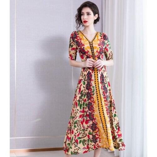 Real silk dresses women natural silk 2019 high quality girls work boho red floral dress V neck slim plus size free ship