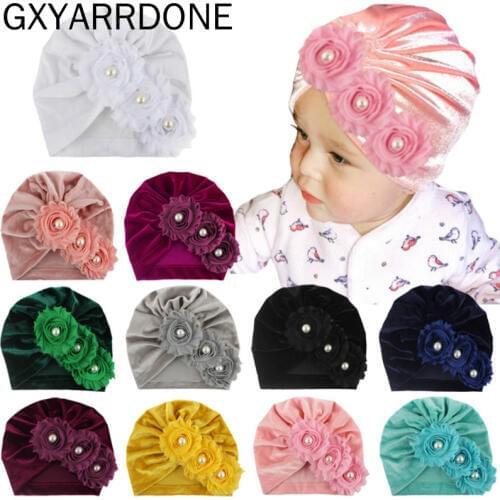 11 Colors 2019 Winter Baby Hat For Girls Pearls Shabby Flower Newborn Hat Beanie Turban Hats Velvet Toddler Girl Cap Accessories
