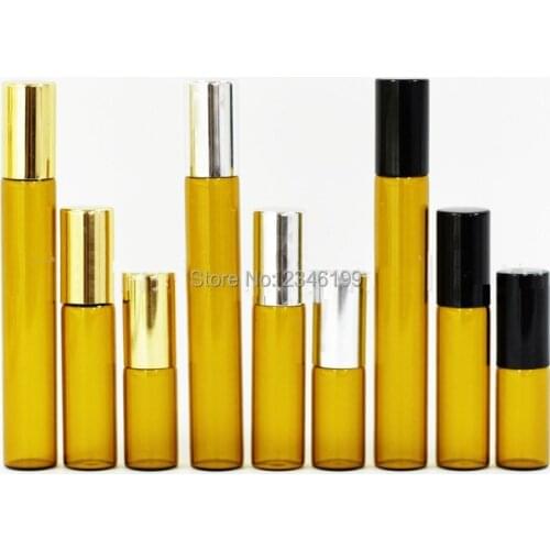 3ML 5ML 10ML Brown Roll on Bottle with Gold Silver Black Cap Steel Bead Aroma Essential Oil Amber Roller Bottle, 20 Pieces/lot
