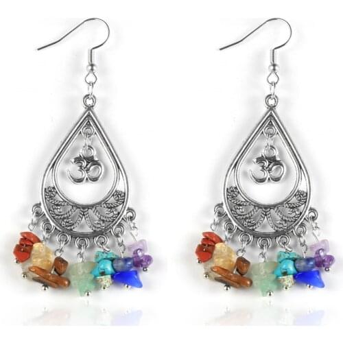 7 Chakra Natural Stone Earrings Vintage Boho Silver Color Water Drop Statement Dangle Earring For Women Ethnic Tribal Jewelry