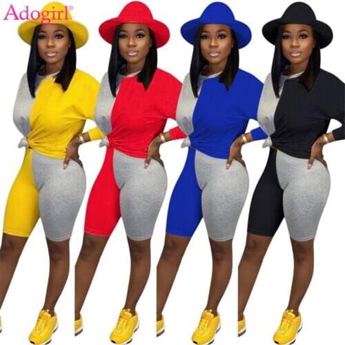 Adogirl Color Patchwork Women Casual Two Piece Set O Neck Long Sleeve T Shirt Fashion Tops Shorts Female Tracksuit Streetwear