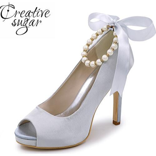 Creativesugar Pearls ankle strap ribbon tie bridal open toe weddin platform dress shoes pink royal blue quinceanera ivory shoes